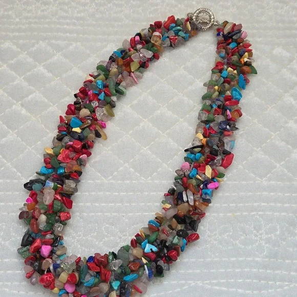 Genuine Mixed Semi Precious Stone Chip Woven Collar Necklace - Picture 2 of 3